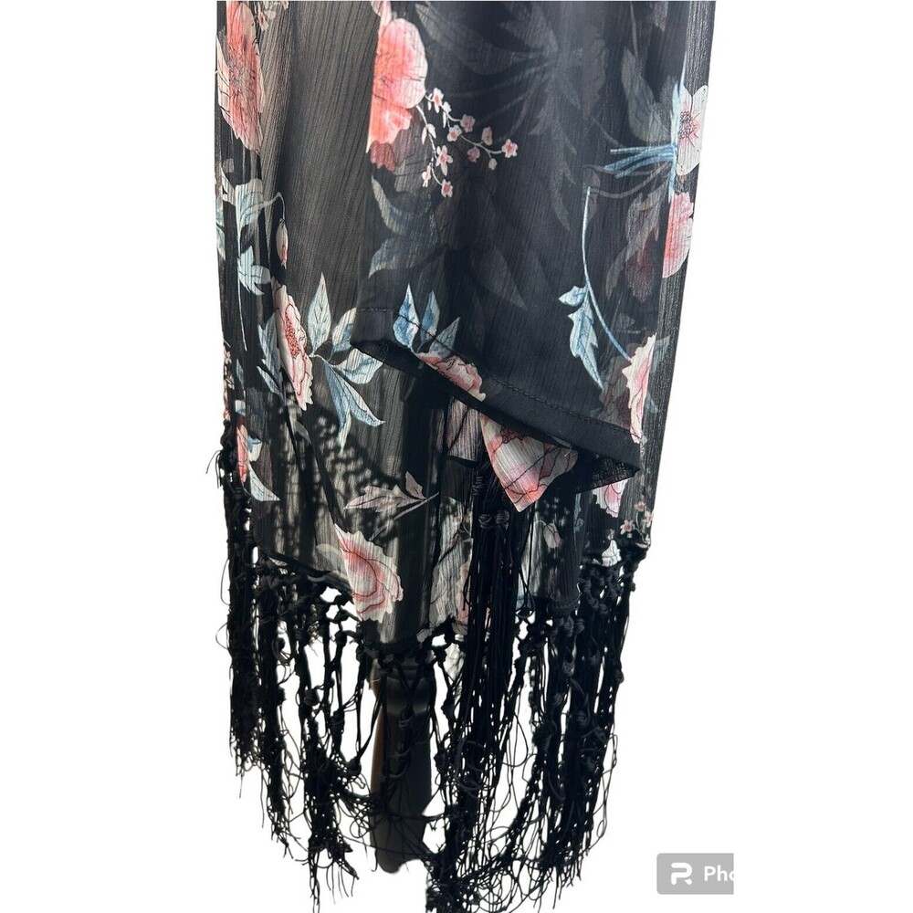 Torrid Floral Fringe Trim Sheer Half Sleeve Kimono Coverup Size 1/2 - Picture 4 of 9